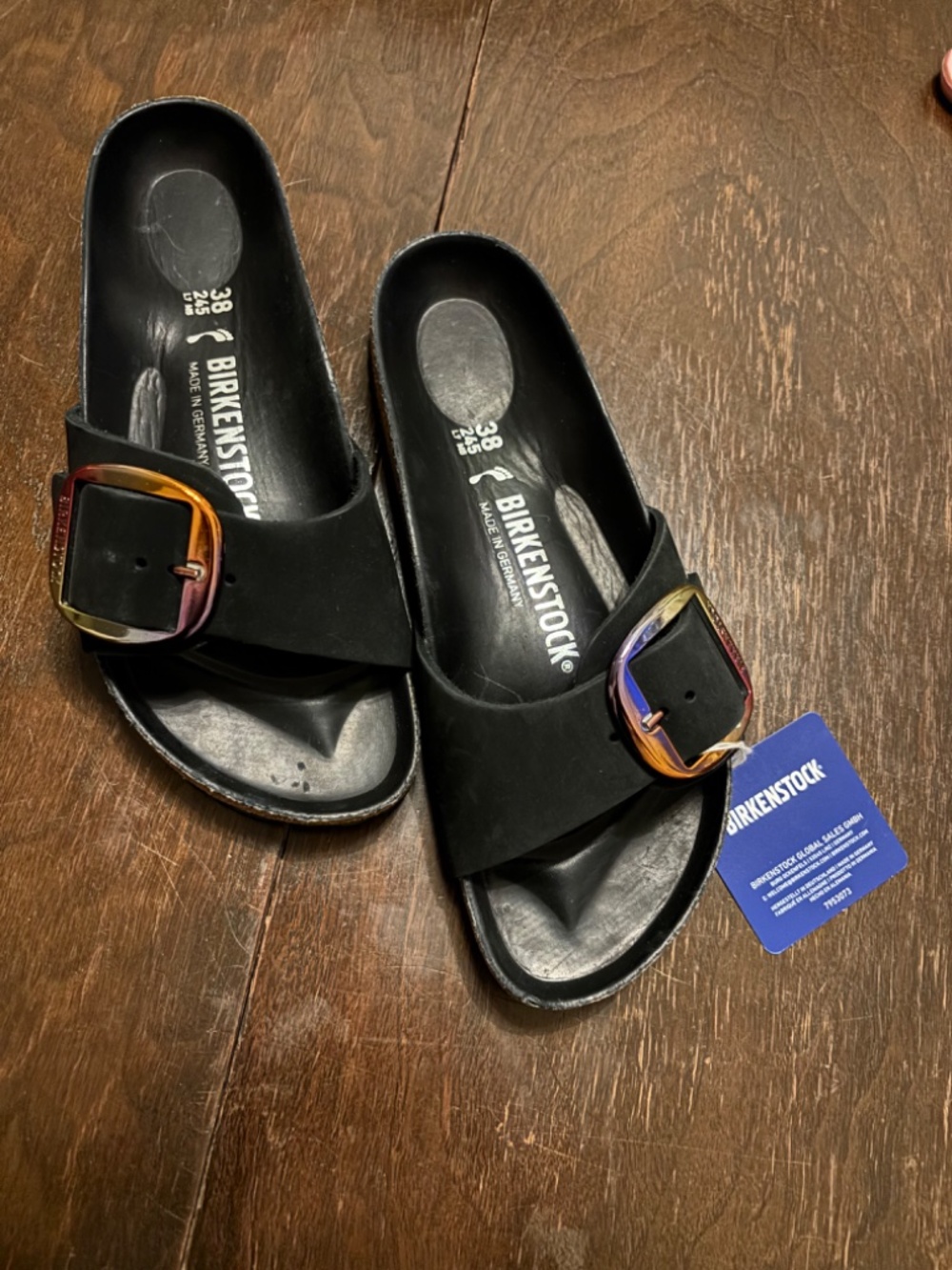 Birkenstock Madrid - Black with duo tone effect buckle (pink/gold).  Sz 38 - NWT